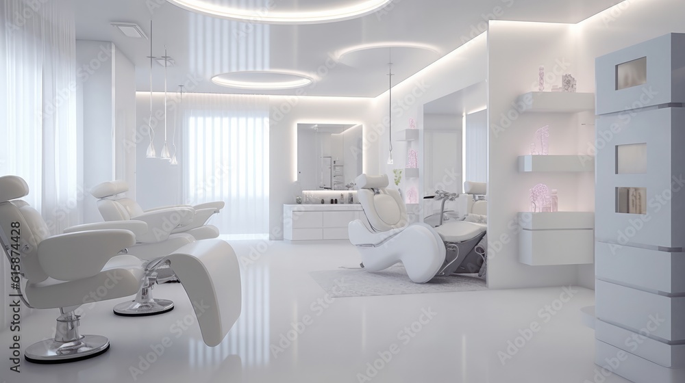 Modern interior of the beauty salon which consist of nail salon and barbershop.