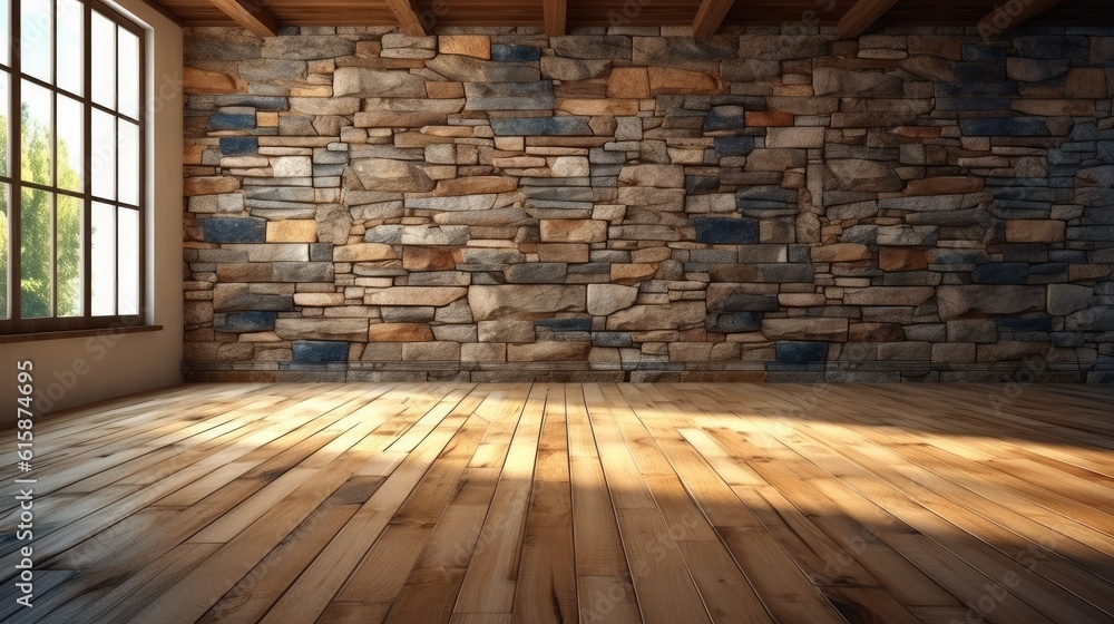 Stone Wall And Parquet Floor, Empty Room Building.