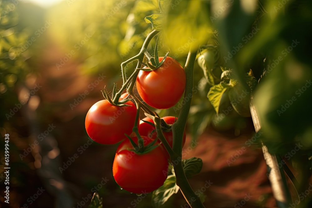 Agriculture of tomatos, Growing Red tomatos with water droplets in field. Generative Ai