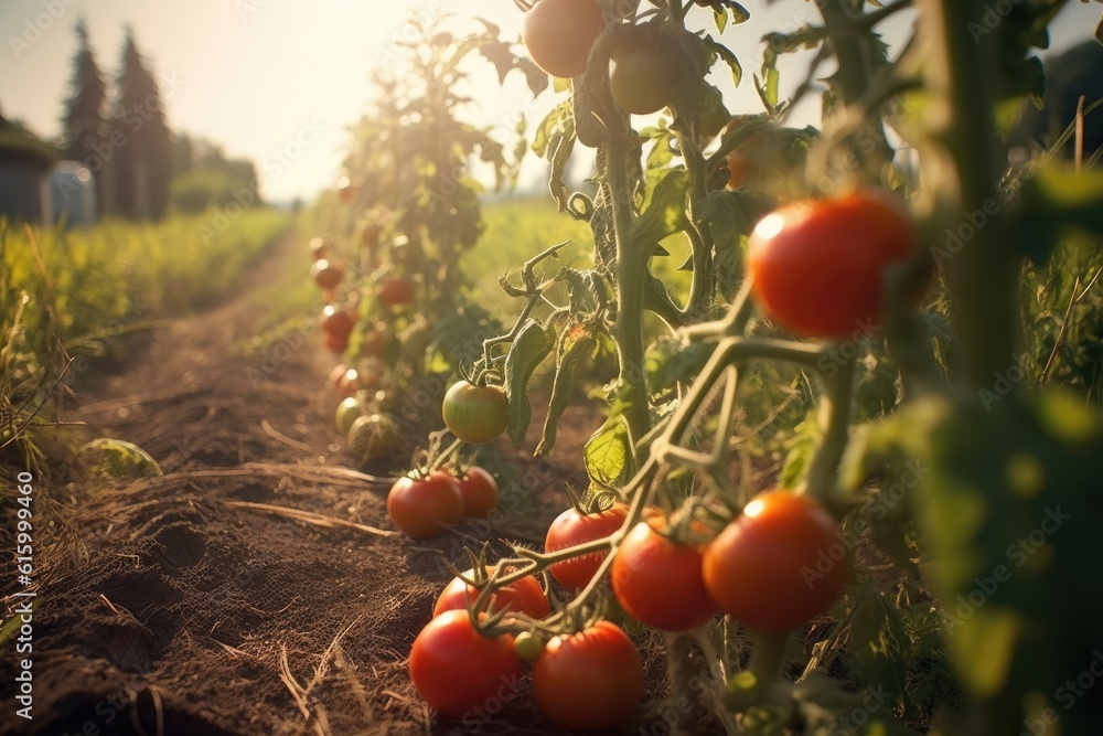 Agriculture of tomatos, Growing Red tomatos with water droplets in field. Generative Ai