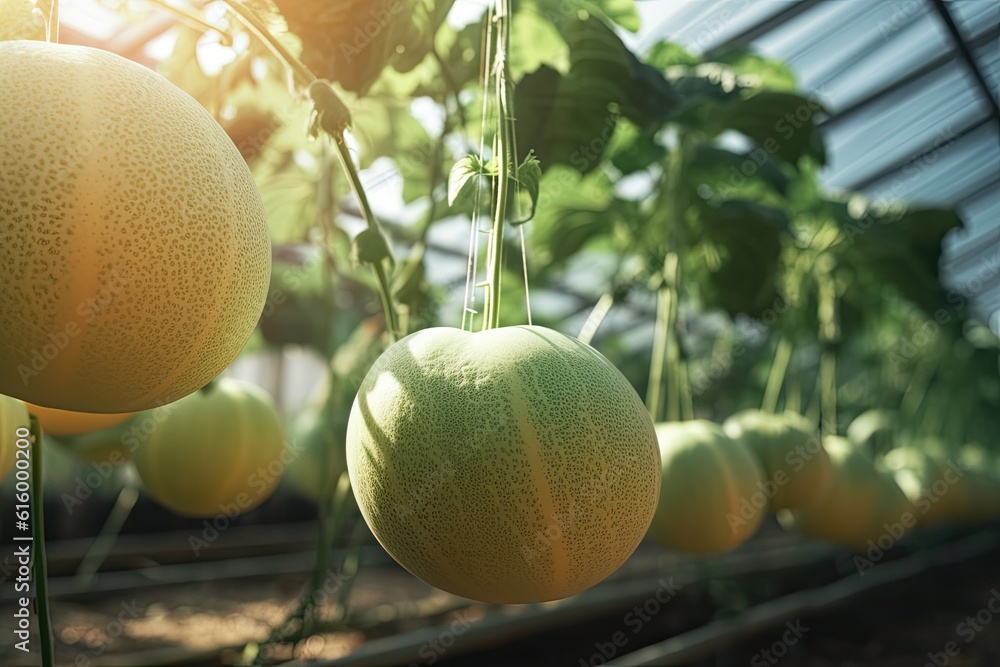Sweet melon with leaves and sunlight in the agriculture farm waiting for harvest in greenhouse. Gene