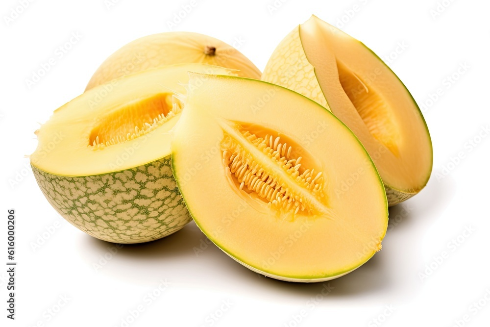 Sweet melon and sliced Sweet melon isolated on white background. Generative Ai
