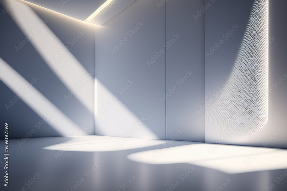 Light gray wall and smooth floor with interesting light reflections. Background for the presentation