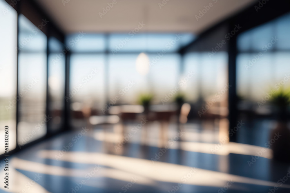 Beautiful blurred background of a light modern office interior with panoramic windows and beautiful 