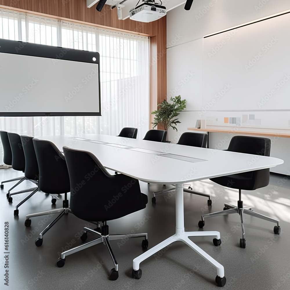 Modern black and white minimalist conference room scene
