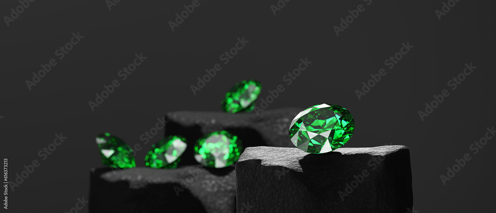 Green Diamond Group on Glossy Background Soft Focus 3d illustration