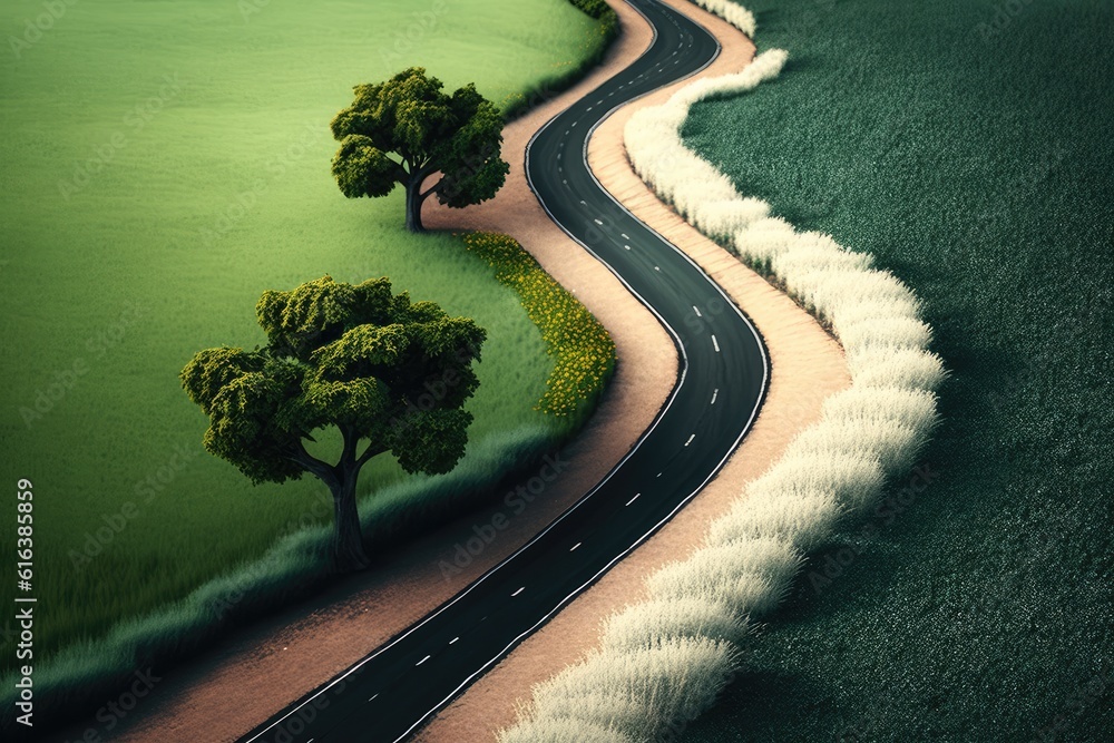 scenic road with a lush tree on the side leading towards a mountainous horizon. Generative AI