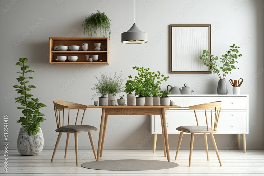 cozy and stylish dining room with greenery accents. Generative AI