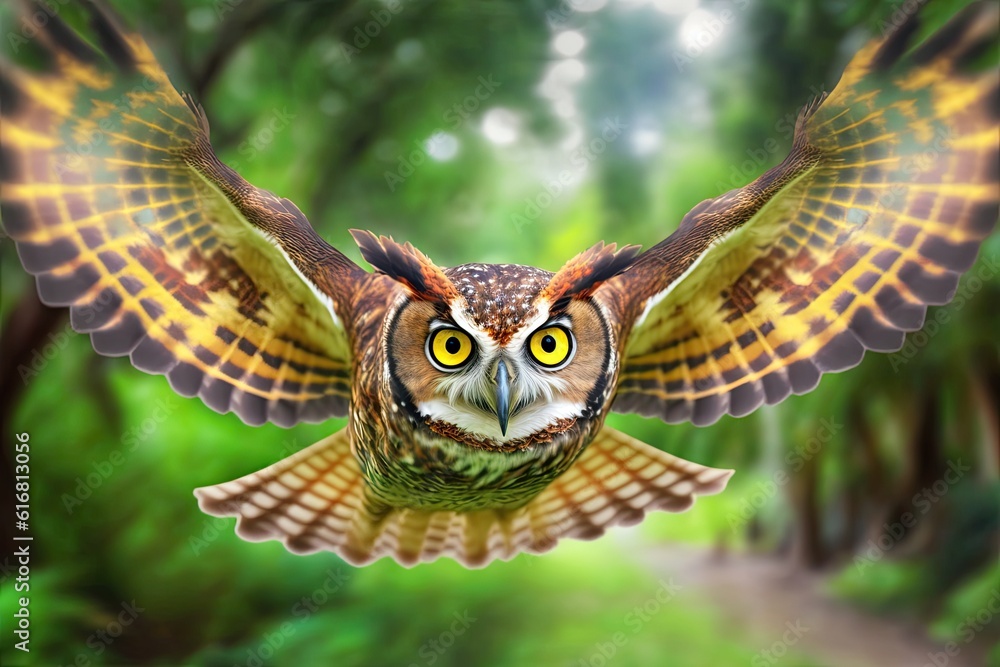 owl in flight amidst a dense forest. Generative AI