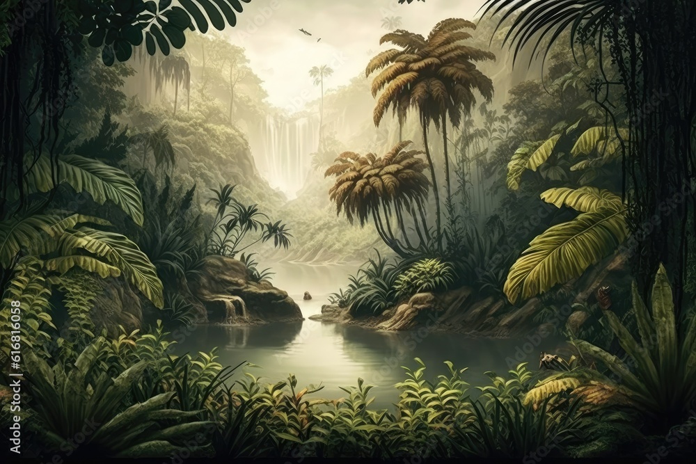 lush jungle landscape with a flowing river. Generative AI