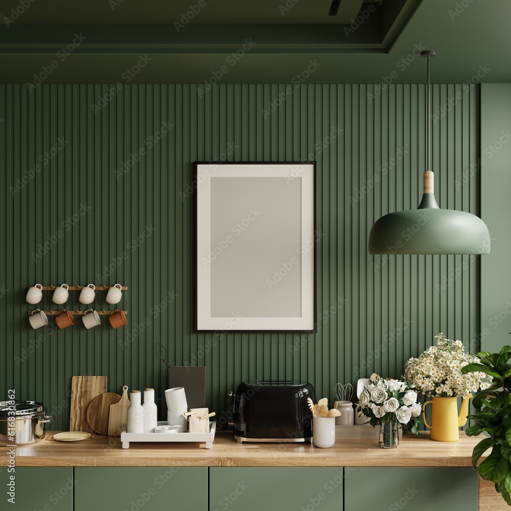 Mock up poster frame in kitchen interior and accessories with dark green wooden slatted wall backgro