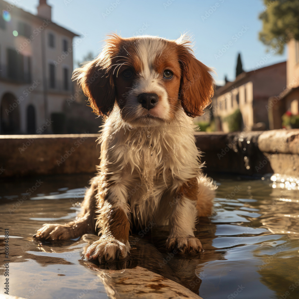 An adventurous puppy (Canis lupus familiaris) curiously exploring a charming garden fountain in Tusc