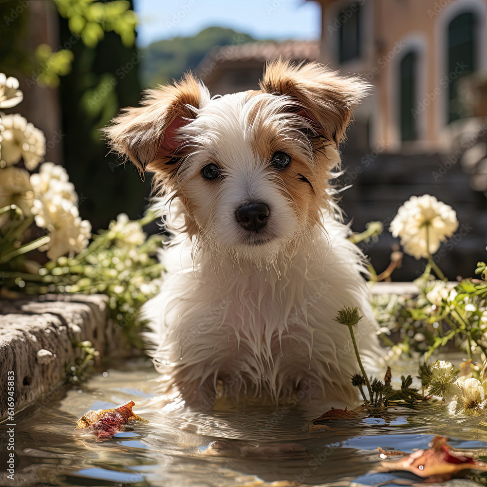 An adventurous puppy (Canis lupus familiaris) curiously exploring a charming garden fountain in Tusc