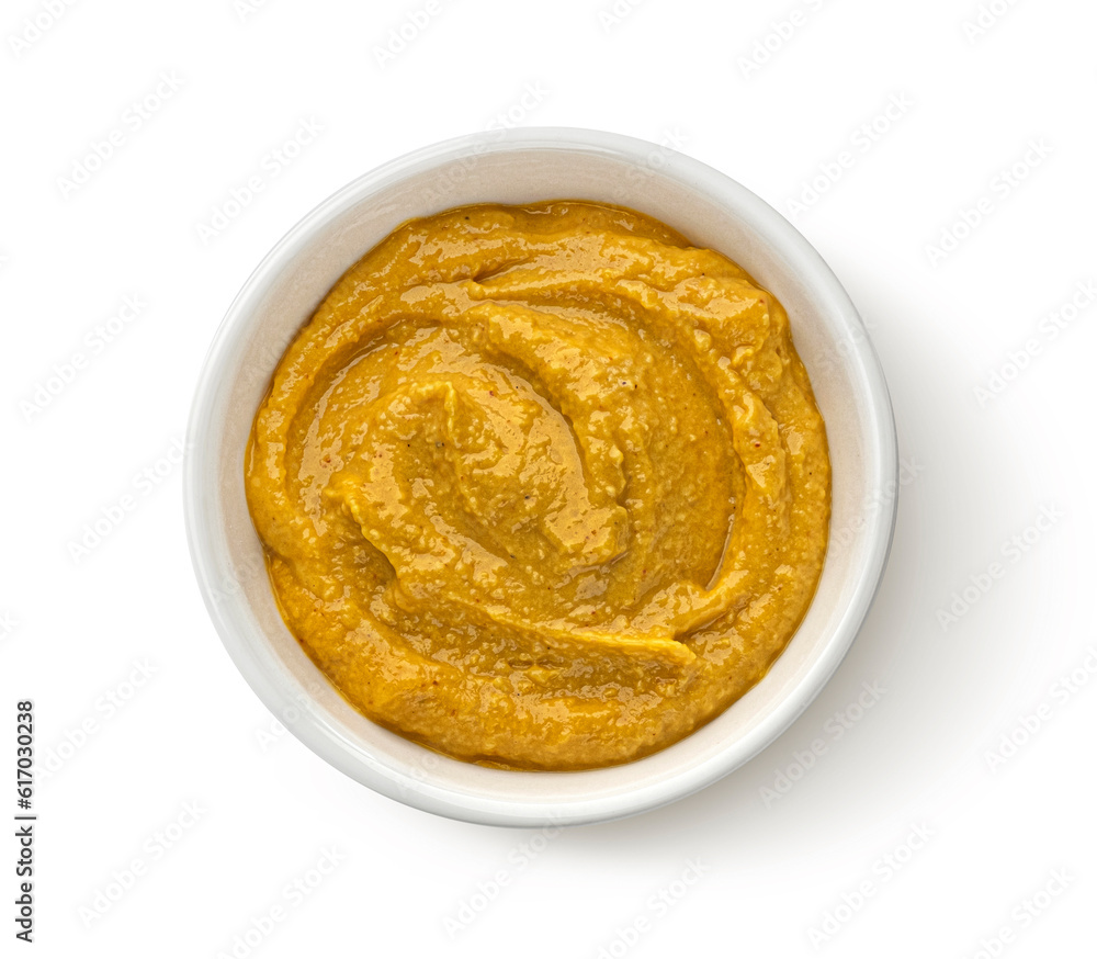 Homemade hummus isolated on white background, top view