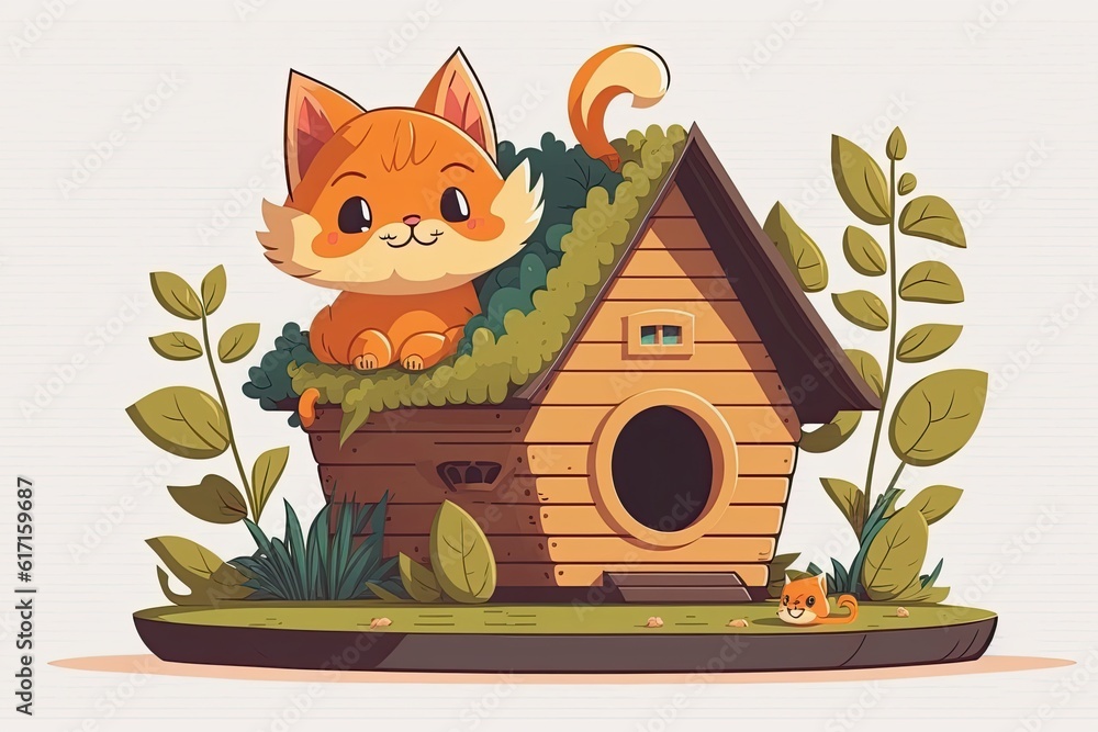 cat perched on a wooden house. Generative AI