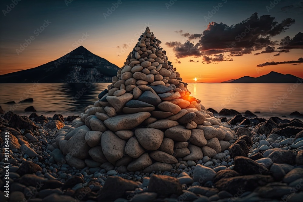 picturesque stack of stones on a sandy shore. Generative AI