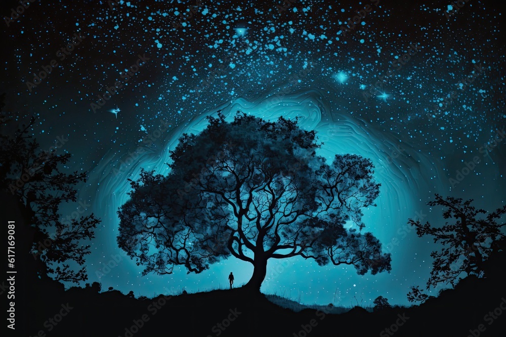 majestic tree under a starry sky. Generative AI