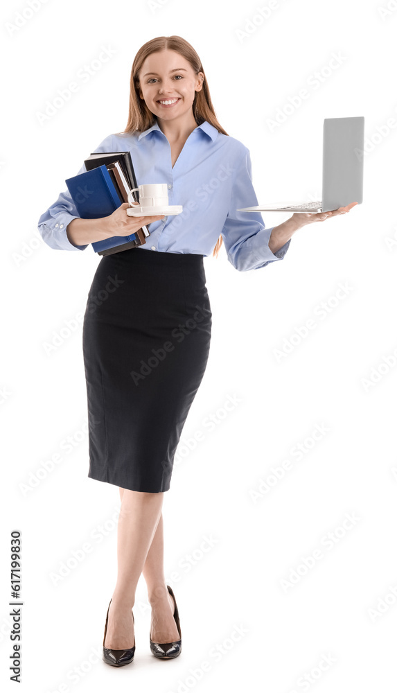 Young businesswoman with laptop, books and cup of coffee on white background. Balance concept