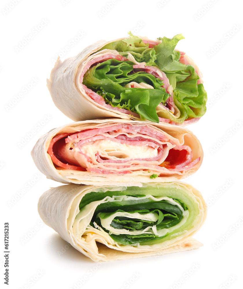 Tasty lavash rolls with sausages and vegetables isolated on white background