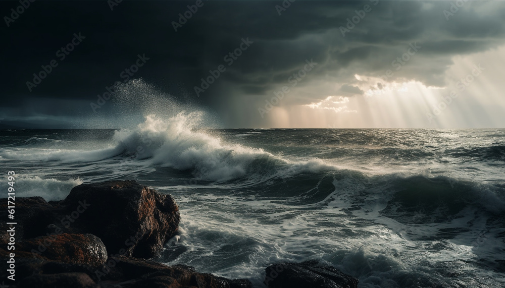 Dramatic sky over horizon, waves crashing on rocky coastline generated by AI