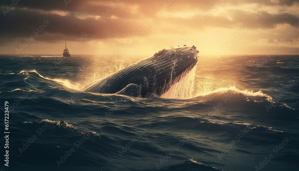Majestic humpback whale splashing in the blue seascape at sunset generated by AI
