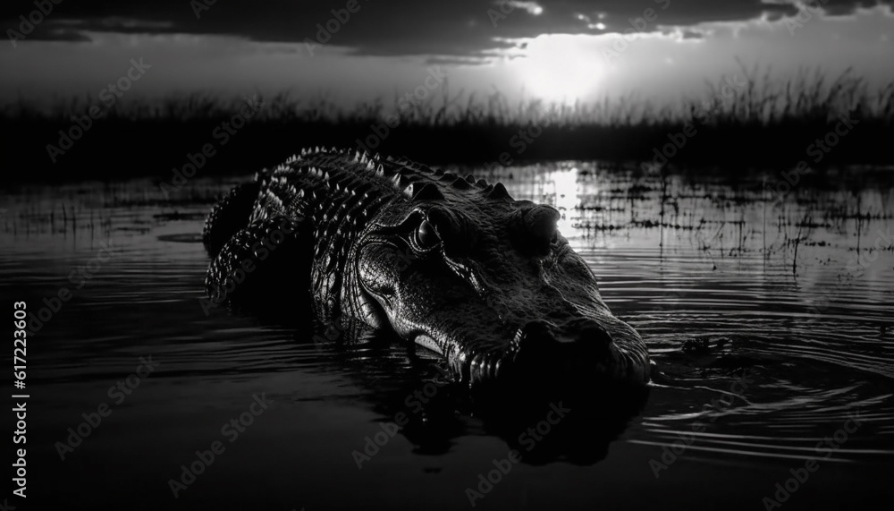 Crocodile resting in tranquil swamp, teeth bared in danger generated by AI