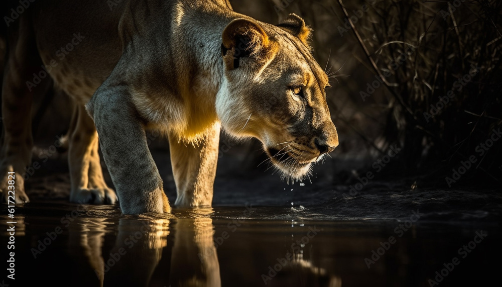 Majestic lioness walking in tranquil wilderness, alertness in her eyes generated by AI