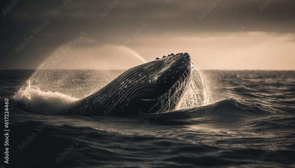 Majestic humpback whale breaching in the blue seascape at sunset generated by AI