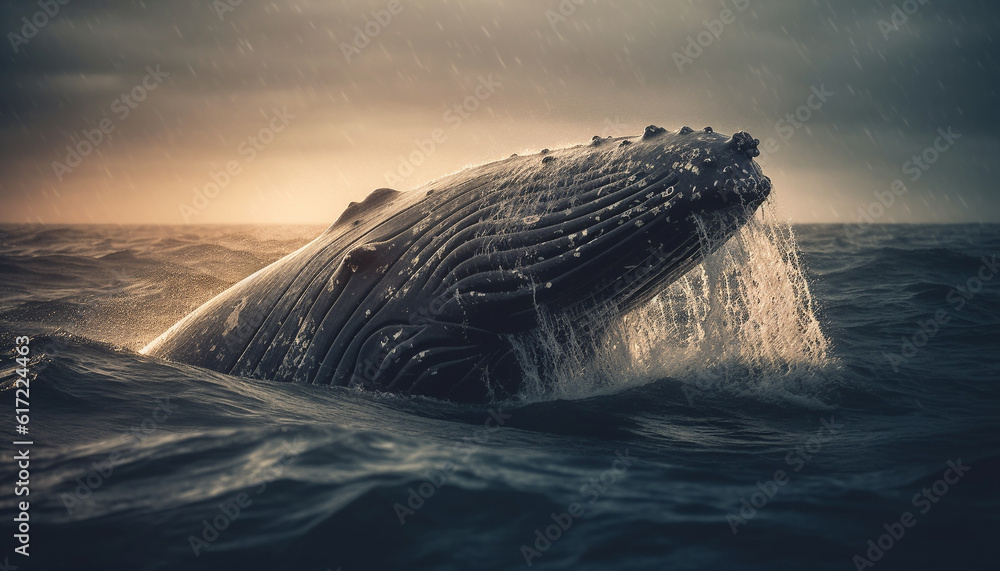 Majestic humpback whale splashing in blue waters at sunset generated by AI
