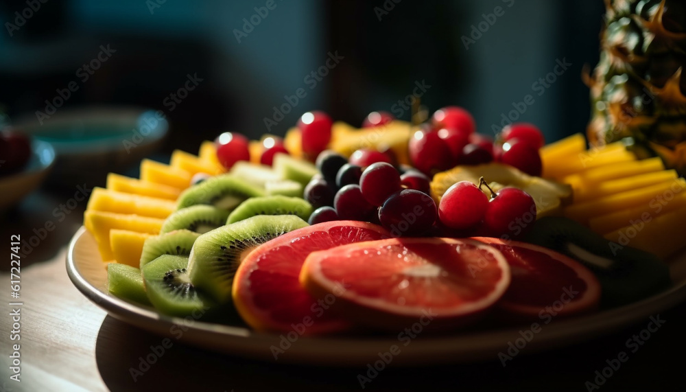 Healthy gourmet salad with fresh organic fruit variation on wood table generated by AI