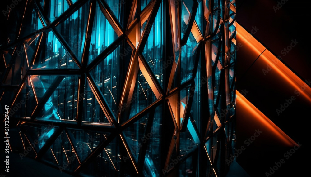 Vibrant cityscape backdrop with glowing steel skyscrapers and geometric shapes generated by AI