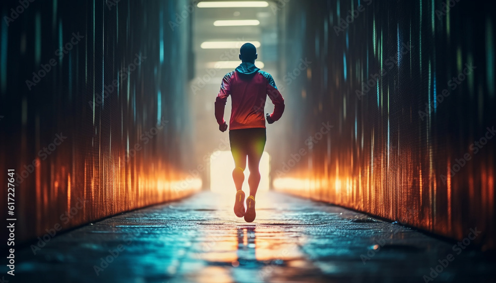 Silhouette of athletic man sprinting on footpath in futuristic city generated by AI