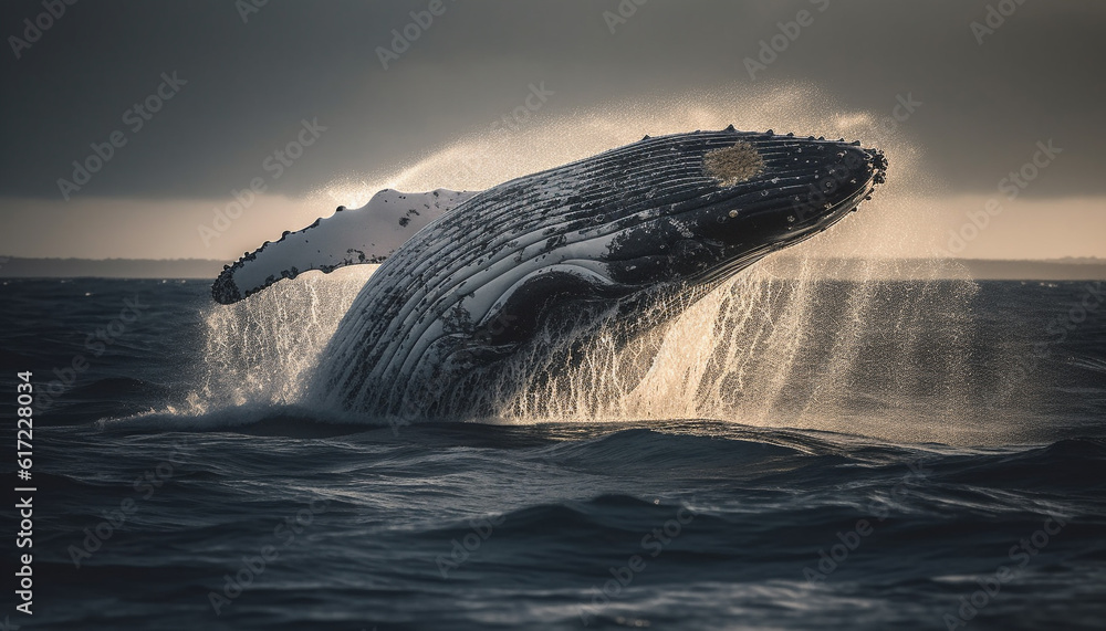 Majestic humpback whale breaches, splashing in blue sea water generated by AI
