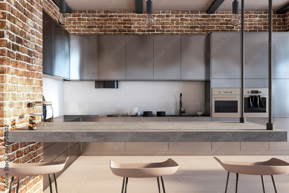Bright loft brick kitchen interior. 3D Rendering.