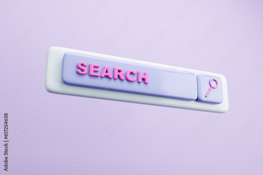 Creative digital search bar with magnifier on purple background. SEO and search concept. 3D Renderin