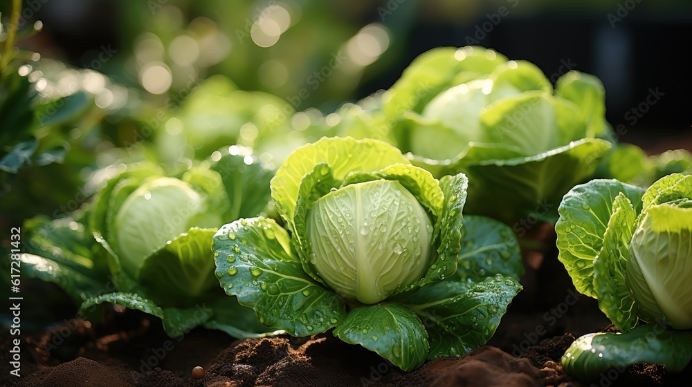 Cabbage growing in garden, Cabbage leaves and head close up, Organic vegetables.