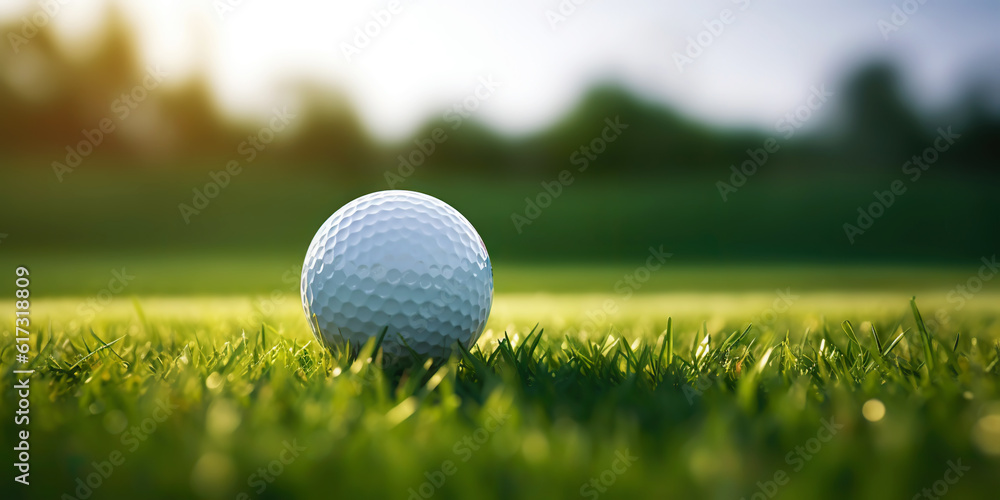 Close-up of golf ball on green grass of golf course, sunny day, blurred backdrop. Generative AI