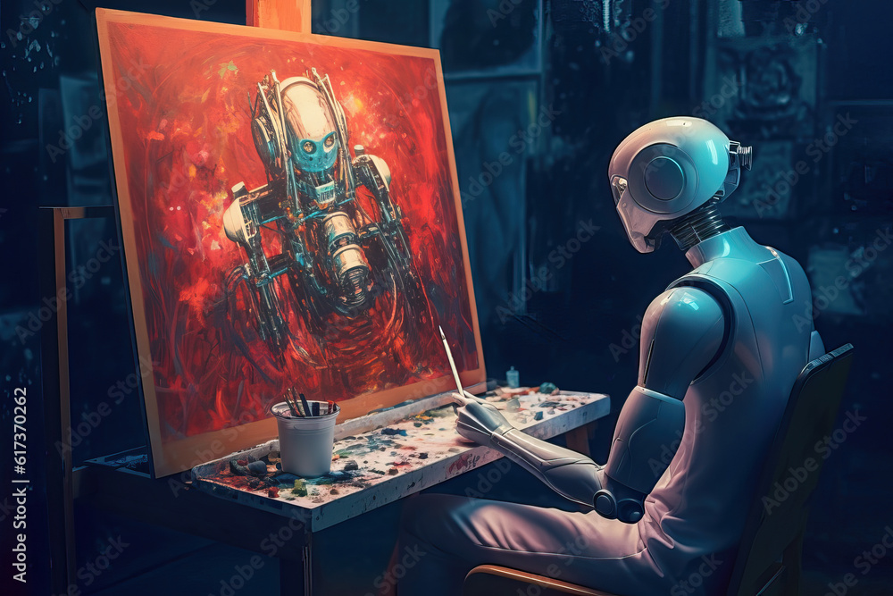 Human-shaped robot sits at an easel in art studio, painting a self portrait on canvas. Concept of co