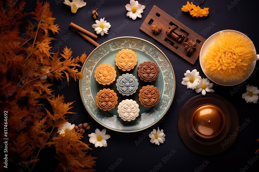 Generative AI illustration of Chinese Mid Autumn Festival moon cakes arranged on a traditional Chine
