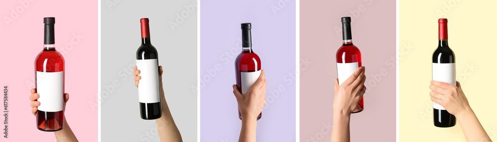 Collage of female hands holding bottles of wine on color background