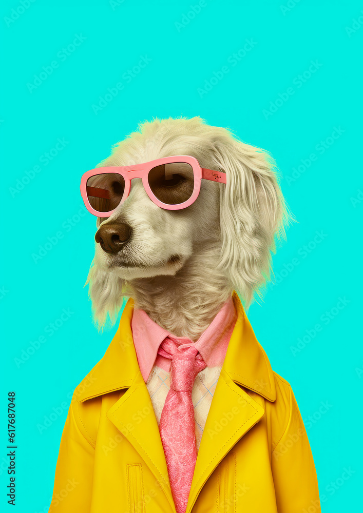 White dog wearing yellow jacket and pink tie with pink sunglasses and pink tie. Generative AI.