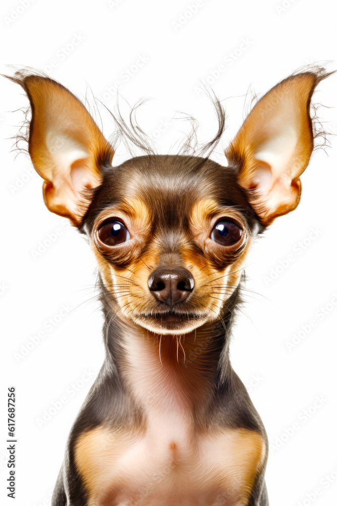 Close up of small dogs face with very big ears. Generative AI.