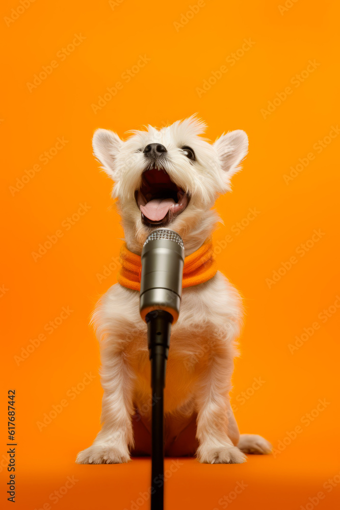 Small white dog wearing scarf and singing into microphone with its mouth open. Generative AI.