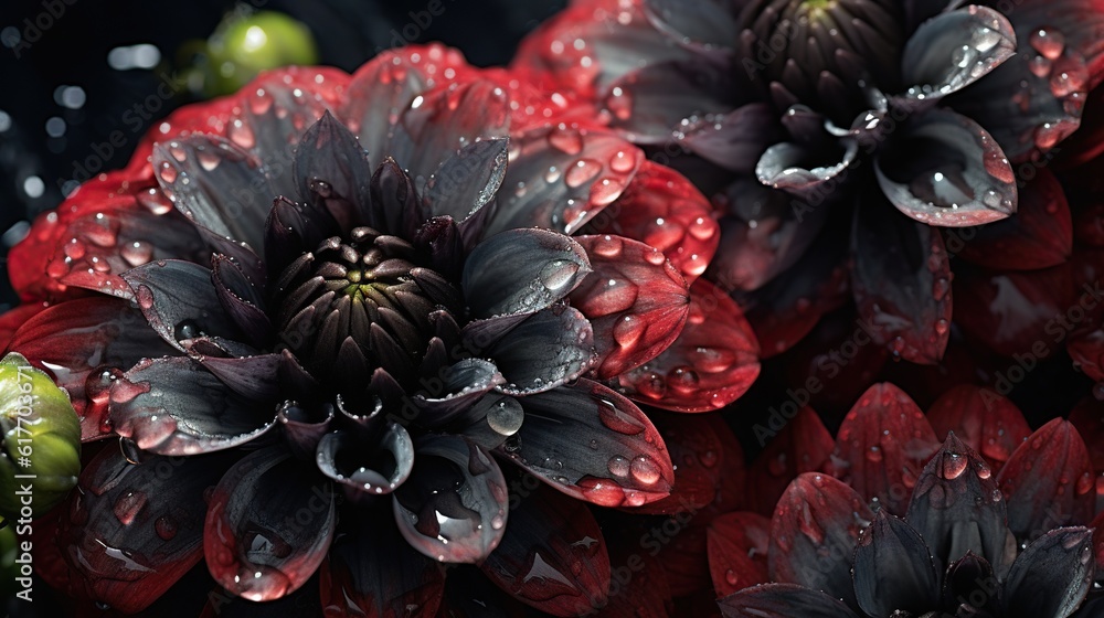Black and red Dahlia flowers with water drops background. Closeup of blossom with glistening droplet