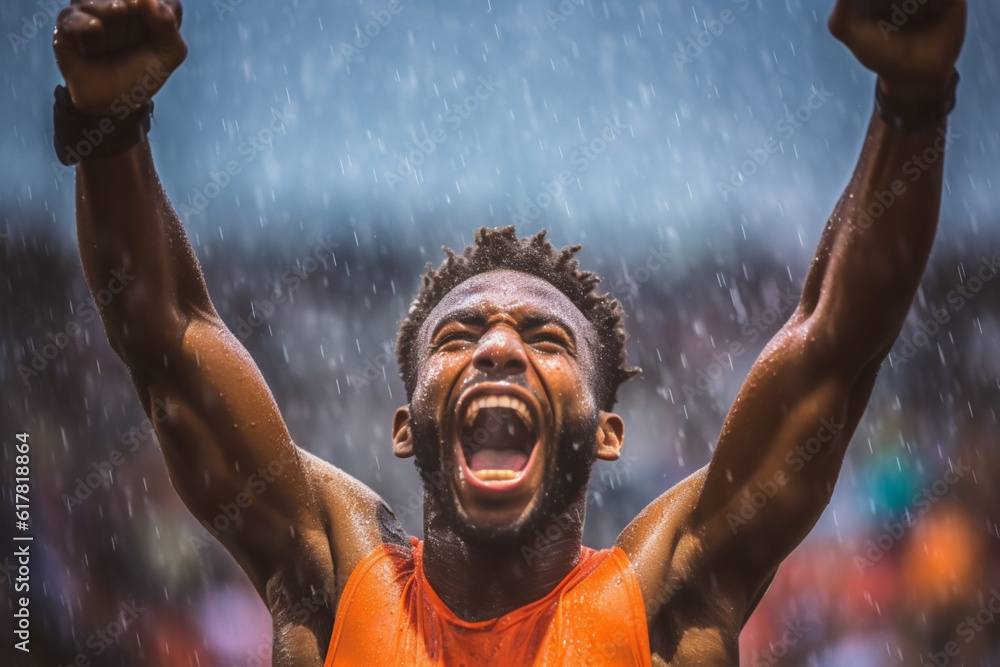 Portrait of champion athlete on stadium , emotions of a winner, joy, delight, emotional, rain, splas
