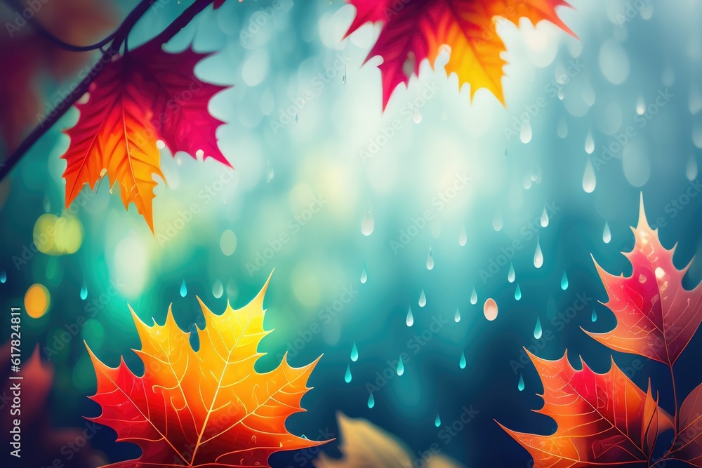 Beautiful autumn background with red-orange autumn leaves on a blue background with raindrops. AI ge