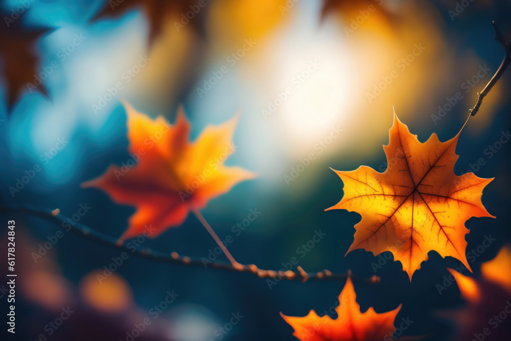 Beautiful autumn background with orange autumn leaves against the blue sky. AI generated.