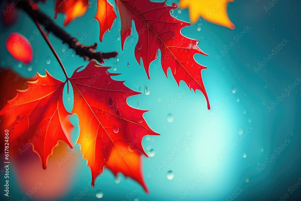 Beautiful autumn background with red-orange autumn leaves on a blue background with raindrops. AI ge