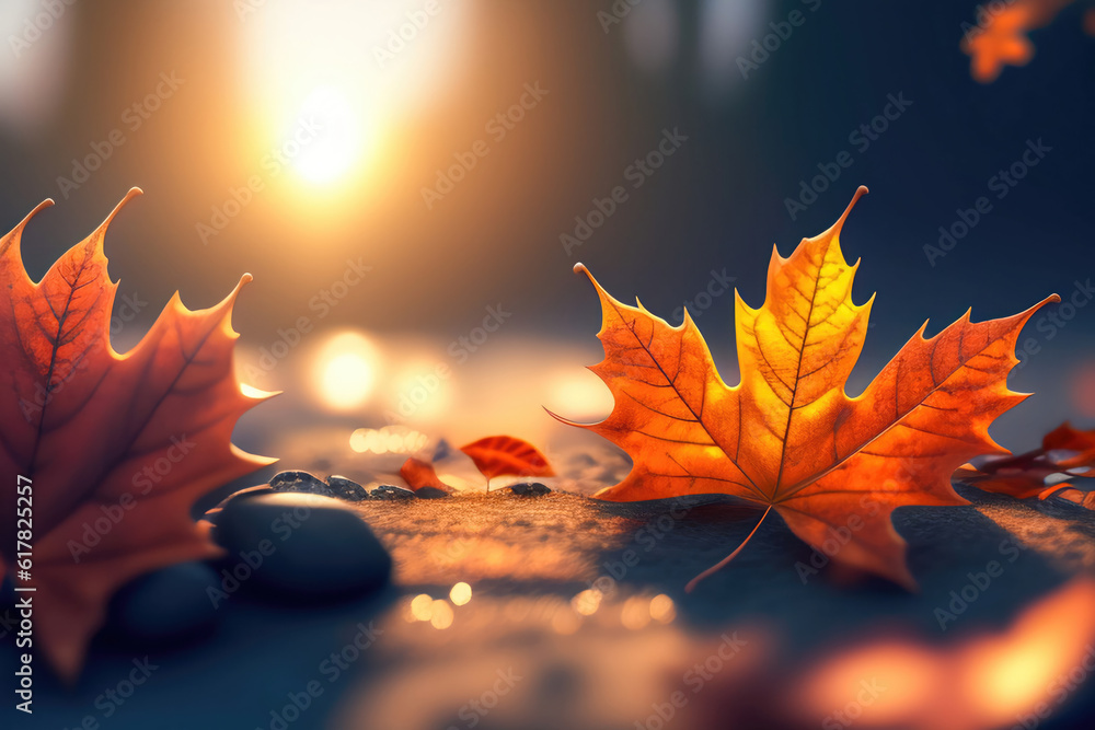 Beautiful orange autumn maple leaf close up in natural park with soft focus in sunlight. AI generate