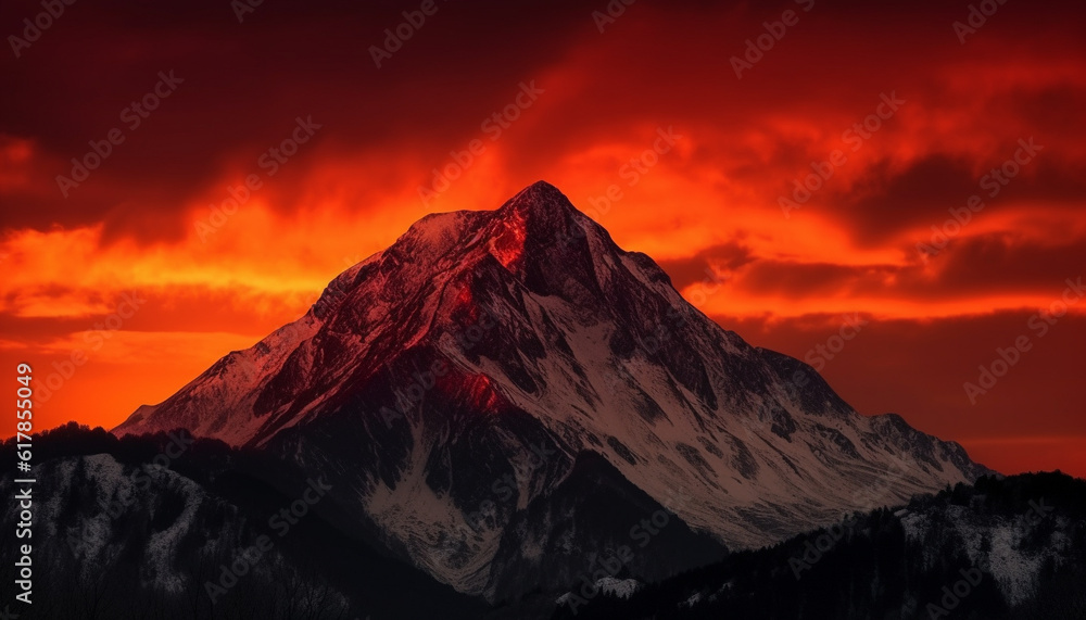 Majestic mountain range silhouetted against dramatic twilight sky at dusk generated by AI
